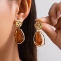 Retro leopard resin flower drop earrings in gold with hammered metal and amber stone details - 07 Light Gold + Brown (3412K2)