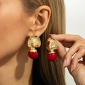 Retro gold hammered metal stud earrings with large glossy red resin bead drops - 04 Gold + Red (3881)