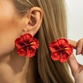 Vibrant red hibiscus flower stud earrings with glossy enamel finish and golden stamen detail - Hibiscus Flower Style / Red Style (3877)