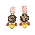 Vintage gold drop earrings with black floral relief and yellow heart pendants on white background - Vintage Floral Heart Style (3902)