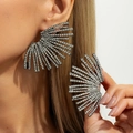 Detailed view of fan-shaped black metal earrings with crystal rhinestones on a model - Gun Black Fan Style (3908)