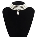 Elegant four-layer pearl choker necklace featuring a baroque pearl pendant on a black stand - Silver