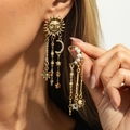 Boucles d'oreilles pendantes style vintage français avec soleil, lune et étoiles dorés - Soleil Lune Étoile Gland / Or Ancien (3911)