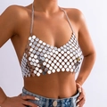 Sexy silver metal sequin body chain halter top with geometric disk scales for party - Halter Top / Silver Top (0484)