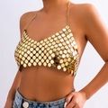 Sexy golden metal disc body chain halter top with shimmering geometric sequins style - Halter Top / Gold Top (0484)