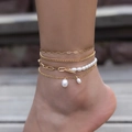 Bohemian gold-layered anklet with metal chains and white pearl pendants for women - 4-Layer Artificial Pearl Pendant Combination Style (3645) / Gold