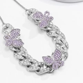 Detail of silver Cuban link anklet with crystal butterfly pendants in purple and pink - Silver with Purple Rhinestone