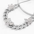 Close-up of silver Cuban anklet featuring three oversized butterfly pendants with rhinestones - Silver Clear Rhinestone