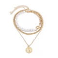 Three-layer vintage gold necklace with baroque pearls and engraved portrait coin pendant - Gold