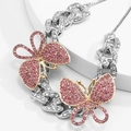 Chic Cuban link anklet featuring silver rhinestone chain and pink butterfly pendants - Silver-Pink Zircon