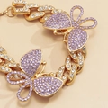 Golden Cuban chain anklet with purple crystal butterflies and sparkling rhinestones - Gold with Purple Zircon