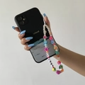Island print phone case with colorful faux pearl, flower and baby letter beaded strap - Avocado Flower Letter Style (0030) / Colorful