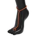 Detail view of handmade orange beaded barefoot sandal anklet on model with toe ring - Orange