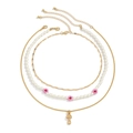 Drielagige kettingset met paddestoelhanger, roze bloemen en imitatieparels - Stijl 7 Goud (2296)