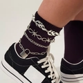 Silver multi-layer punk anklets with flame and padlock charms for streetwear shoes - Silver Punk Four-piece Set (1163)
