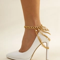 Gold multi-layer tassel anklet with metal chains and white pearls for high heels - Gold Multilayer Pearl Style (0821)