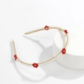 Handmade red beaded flower headband with white pearls on a gold metal frame - Red