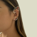 Vintage silver ear cuff with red gemstones and intricate hollow swirls for fantasy look - Left Ear Antique Silver Red Stone Elf Style (2341)