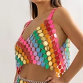 Close-up of vibrant rainbow sequin metal mesh crop top for party and club festivals - Multicolor Top (1361)