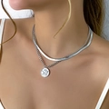 Collar punk de doble capa plateado con cadena de serpiente y colgante de moneda - Estilo Moneda Plata (3339)