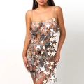 Detail of silver star sequin body chain showing metallic texture and mesh design - Star Sequin Hollow Dress (1369) / White Gold