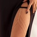 Detail of gold thigh chain with sparkling rhinestones and black elastic band for beach - Style 2 Clear Rhinestone Decor (0130) / Style 2 Gold
