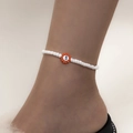 Tobillera de cuentas blancas con dije de flor naranja y cuenta con la letra S - Estilo Flor Letra S (0725) / Blanco/Naranja / Tobillera