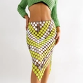 Sexy silver and neon green sequin fringe skirt with metallic chain link mesh design - Fluorescent Green and Silver Patchwork