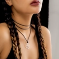 Triple-layer black choker necklace featuring a silver metallic hollow pentagram pendant - Multilayer Hollow Pentagram (3806) / Silver Pentagram Style (3806)