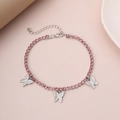 Close-up of silver necklace with pink pavé crystals and three delicate butterfly pendants - Anklet(0626) / Silver with Pink Rhinestone