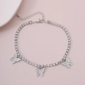 Detailed view of silver butterfly anklet with micro-paved rhinestones and lobster clasp - Anklet(0626) / White Zirconia Silver