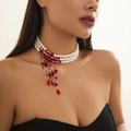 Detail of gothic pearl choker necklace with red beaded tassels and blood-drop accents - Style 5 Necklace (6017)