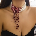 Macro detail of gothic choker featuring layered pearls, red beads, and fringe tassels - Style 6 Necklace (6018)