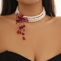 Gothic triple-row pearl choker with red bead tassels and water drop pendants for women - Three-Layer Pearl Water Drop Tassel Choker (06017)