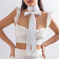 Detail of white ruffled camisole top with elegant satin flower choker necklace - Necklace Style (0756) / White
