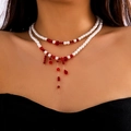 Gothic choker set with white pearls and red blood-drop crystal tassels for Halloween - Style 3 Necklace Gold (4157)