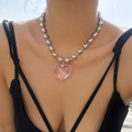 French style silver bead chain choker with a large translucent pink heart pendant - Pink (C5667)