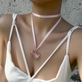 Adjustable choker necklace with pink heart pendant and matching silk ribbon cord - Pink (5665)