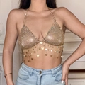 Golden metal mesh bikini body chain featuring butterfly fringe tassels and halter neck design - Body Chain / Gold Butterfly Top (1362)
