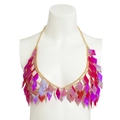 Holographic sequin body chain top with gold metal links and colorful diamond patterns - Orange-Red Top Only (Without Skirt) (1411)