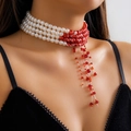 Gothic multilayer pearl choker necklace with red blood drop tassels for women - Style 1 Necklace White K (5380K6)