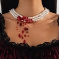 Gothic choker with triple-layer white pearls and dripping red tassel beads - Style 16 Necklace White K (6927k1)