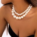 Detail of double-layer choker featuring white gradient pearls on female model neck - Double Layer White Style (4162)
