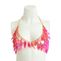 Pink holographic diamond sequin body chain halter top with gold-tone metal links - Orange Top Only (Without Skirt) (1411)