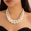 Elegant double-layered faux pearl choker necklace with a stunning gradient bead design - Double Layer Graduated White Style (4972)