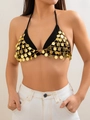 Cadena corporal dorada con lentejuelas y borlas de estrellas sobre bikini negro - Dorado