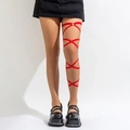 Red elastic leg garter belt with silver heart charm and layered criss-cross straps - Style 0203 / Red