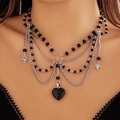 Y2K gothic style layered choker with black beads and heart pendants for women - Silver Black Heart Style (6164)