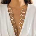 Gold open choker necklace with long tassels and elegant faux pearls for women - Gold Pearl Tassel Style (5821)