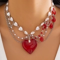 Detailed view of Y2K beaded necklace featuring layered chains and large red heart pendant - Silver Red Heart Style (6067)